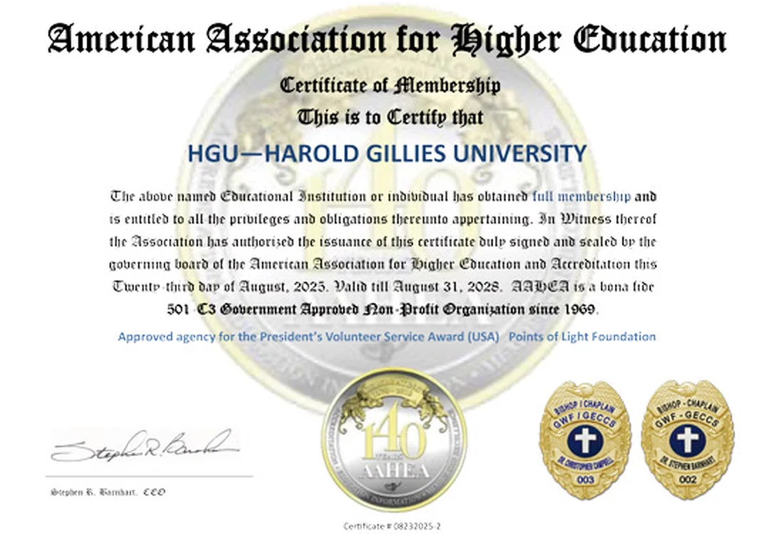 Certificado de filiação da American Association for Higher Education and Accreditation emitido para a Harold Gillies University