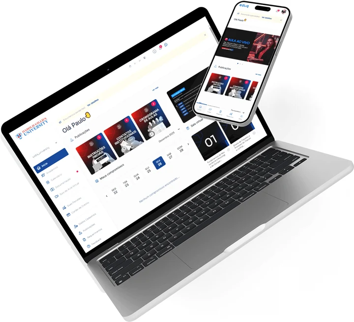 Plataforma de estudos exibida em notebook e celular