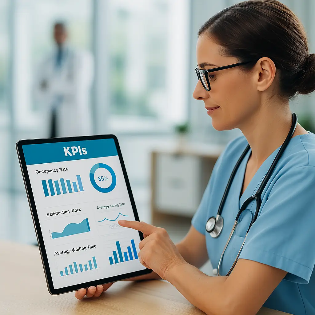 Profissional de saúde analisando painel digital com indicadores de desempenho (KPIs) hospitalares, como taxa de ocupação, tempo médio de internação e índice de satisfação de pacientes.